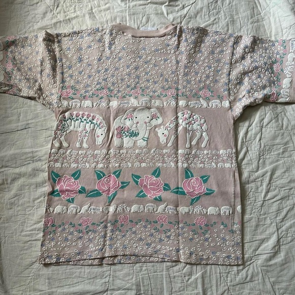 Vintage 1990s Girrafe Elephant Print Shirt - Pink and Cream L - Picture 3 of 6